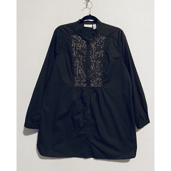 Chicos 2 Top Womens Large Embellished Long Sleeve Tunic Brown Stretch Cotton - Picture 1 of 6